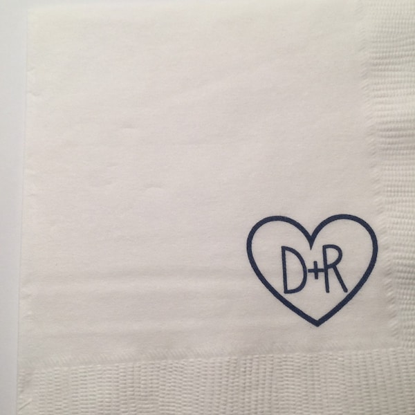 Initials in Heart Wedding Bridal Shower Cocktail, Luncheon or Dinner Napkins Set of 25