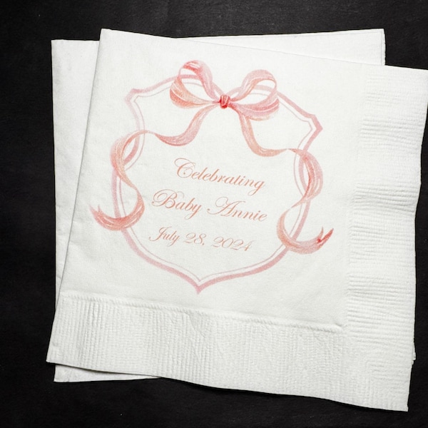 Pink Bow Baby Shower It’s a Girl Pink Girl Preppy Baby Shower Personalized Cocktail, Luncheon or Dinner Napkins Set of 25