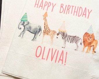 Party Animals Animal Parade Safari Jungle Birthday Party Personalized Cocktail, Luncheon or Dinner Napkins Set of 25