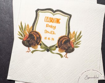 Thanksgiving Baby Shower Napkins Turkey Baby Shower A Little Turkey is on the Way Baby Shower Fall Decor Personalized Napkins, Set of 25