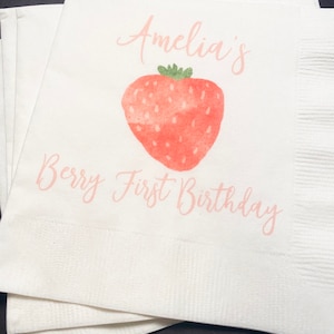 Strawberry Birthday Berry First Birthday Summer Birthday Party Girl Personalized Cocktail, Luncheon or Dinner Napkins Set of 25