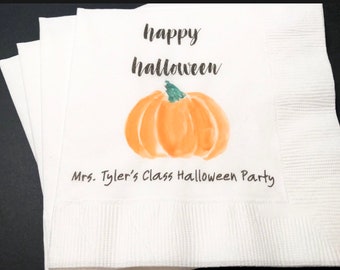 Halloween Class Party Fall Pumpkin Personalized Cocktail, Luncheon or Dinner Napkins Set of 25