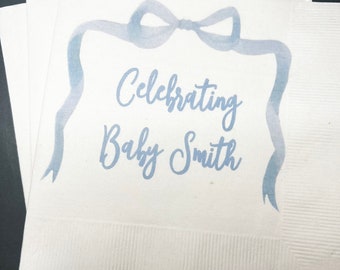 Blue Bow Baby Shower It’s a Boy Blue Boy Baby Shower Personalized Cocktail, Luncheon or Dinner Napkins Set of 25