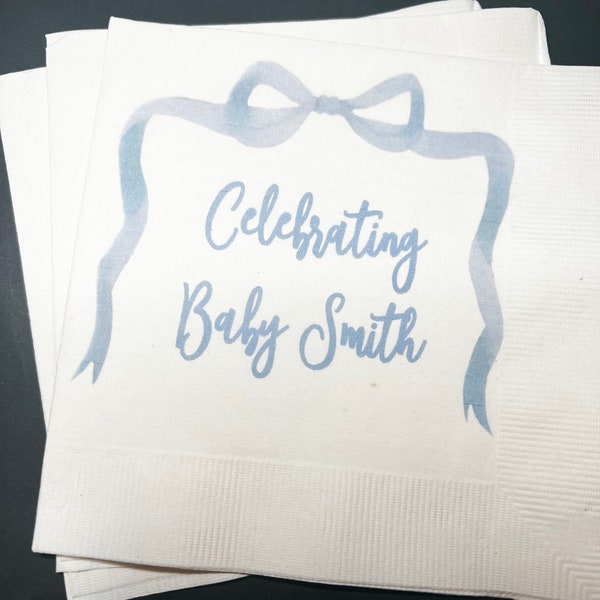 Blue Bow Baby Shower It’s a Boy Blue Boy Baby Shower Personalized Cocktail, Luncheon or Dinner Napkins Set of 25