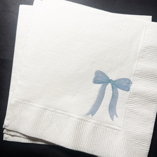 Blue Bow Bridal Shower Blue Bow Baby Shower Cocktail, Luncheon or Dinner Napkins Set of 25