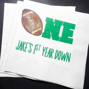 Football Birthday 1st Year Down Personalized Cocktail, Luncheon or Dinner Napkins Set of 25