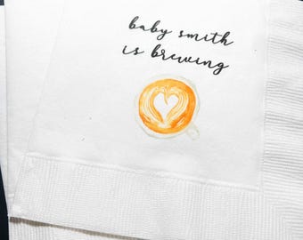A Baby is Brewing Baby Shower Coffee Bar Baby Brunch Personalized Cocktail Napkins, Set of 25