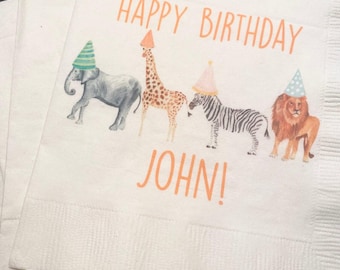 Party Animals Animal Parade Safari Jungle Birthday Party Personalized Cocktail, Luncheon or Dinner Napkins Set of 25