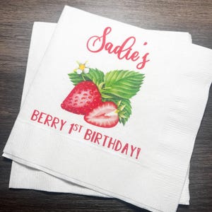 Strawberry Birthday Berry First Birthday Summer Birthday Party Girl Personalized Cocktail, Luncheon or Dinner Napkins Set of 25