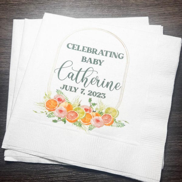 Citrus Baby Shower Grapefruit Baby Shower Spring Summer Baby Personalized Cocktail, Luncheon or Dinner Napkins Set of 25