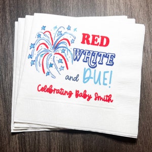 Red White and Due Firecracker Gender Reveal July 4th Baby Shower Personalized Cocktail or Luncheon Napkins, Set of 25