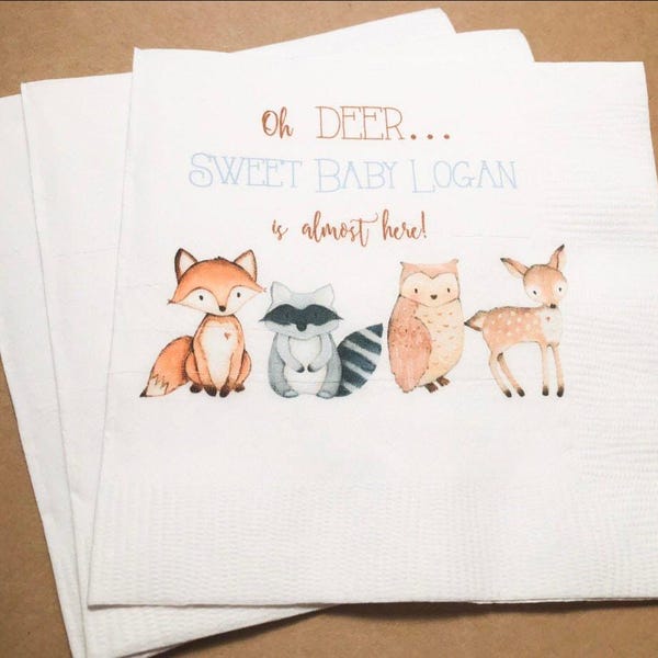 Woodland Animal Oh Deer Fox Owl Boy Baby Shower Personalized Fall Cocktail, Luncheon or Dinner Napkins Set of 25