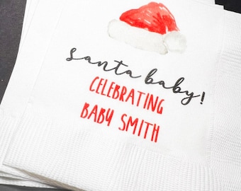 Santa Oh Baby Santa Baby Gender Reveal Christmas Reveal December Gender Reveal Personalized  Cocktail, Luncheon or Dinner Napkins Set of 25