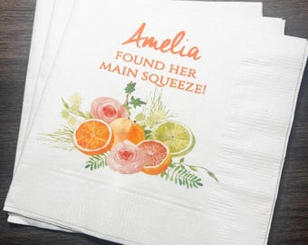Main Squeeze Citrus Grapefruit Bridal Shower Spring Summer Bridal Brunch Personalized Cocktail, Luncheon or Dinner Napkins Set of 25