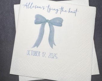 She's Tying the Knot Bridal Shower Blue Bow Bridal Shower Blue Bachelorette Personalized Cocktail, Luncheon or Dinner Napkins Set of 25