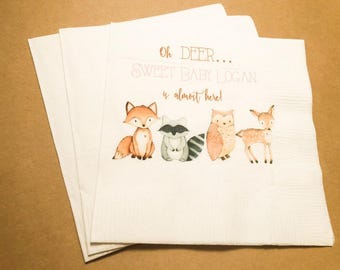 Woodland Animal Oh Deer Fox Owl Girl Baby Shower Personalized Fall Cocktail, Luncheon or Dinner Napkins Set of 25