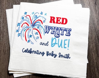 Red White and Due Firecracker Gender Reveal July 4th Baby Shower Personalized Cocktail or Luncheon Napkins, Set of 25