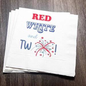 Red White and Two Firecracker Birthday July 4th Birthday Cocktail or Luncheon Napkins, Set of 25