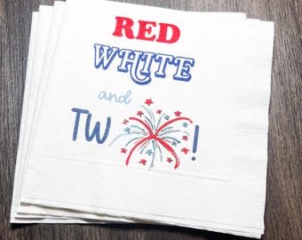 Red White and Two Firecracker Birthday July 4th Birthday Cocktail or Luncheon Napkins, Set of 25