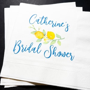 Lemon Bridal Shower Spring Summer Wedding Blue Yellow Personalized Cocktail, Luncheon or Dinner Napkins Set of 25