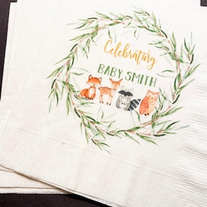 Woodland Animal Oh Deer Fox Owl Baby Shower Green Gold Personalized Fall Cocktail, Luncheon or Dinner Napkins Set of 25