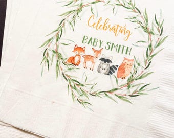 Woodland Animal Oh Deer Fox Owl Baby Shower Green Gold Personalized Fall Cocktail, Luncheon or Dinner Napkins Set of 25
