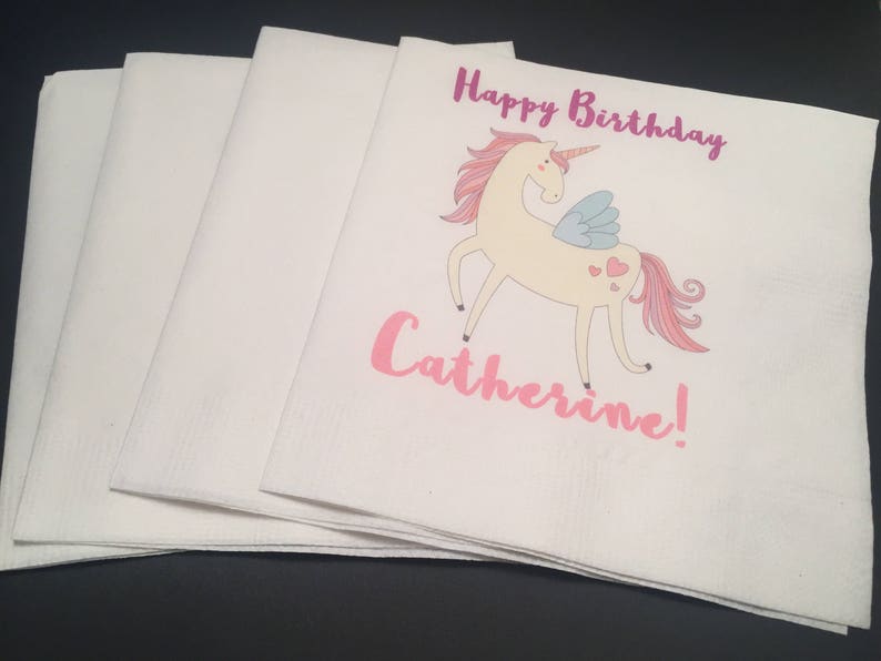 Personalized Unicorn Birthday Rainbow Unicorn Theme Birthday Cocktail, Luncheon or Dinner Napkins Set of 25 image 1