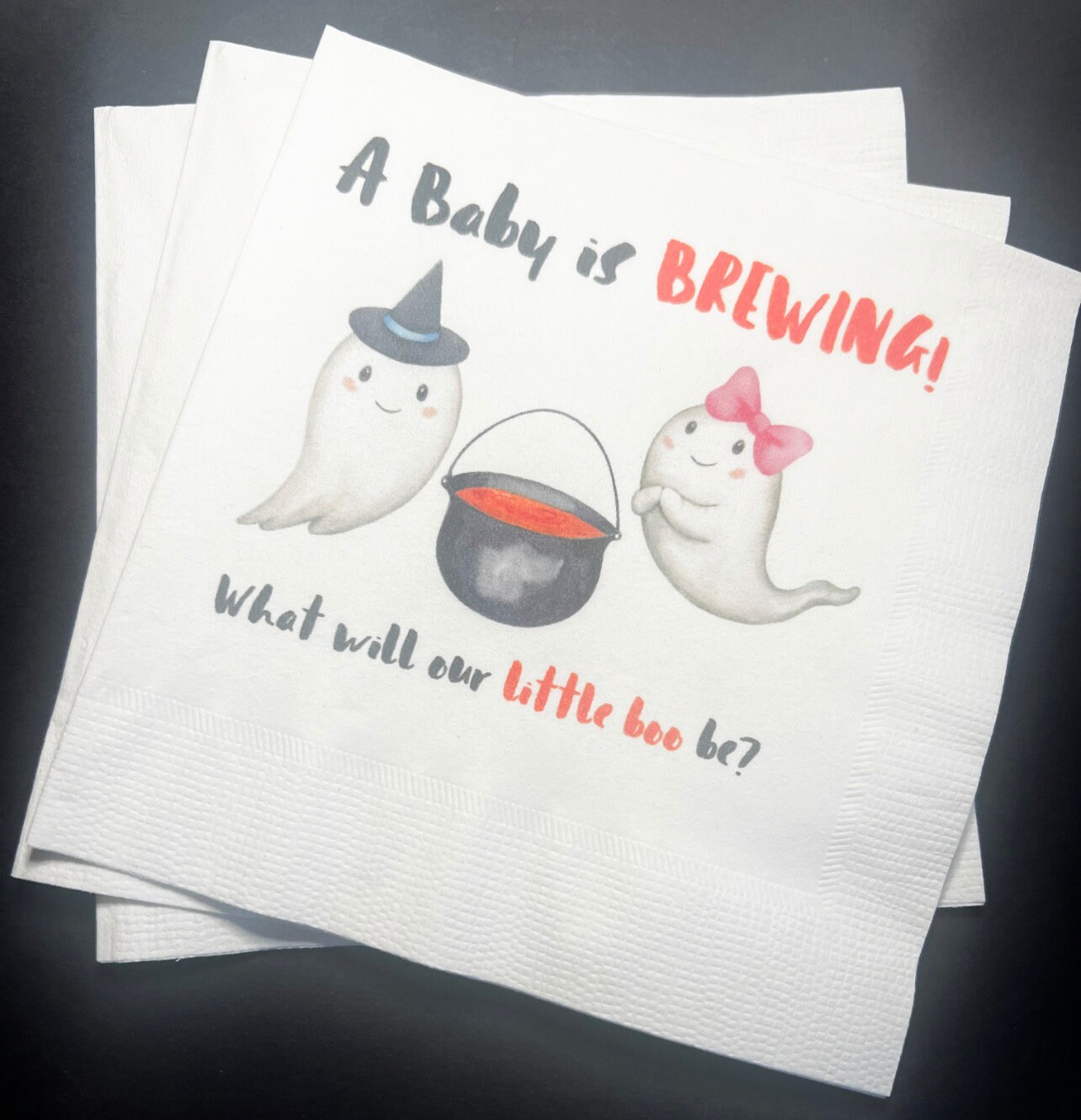 Baby is Brewing What Will Our Little Boo Be Halloween Gender Reveal Cocktail Luncheon or Dinner Napkins Set of 25