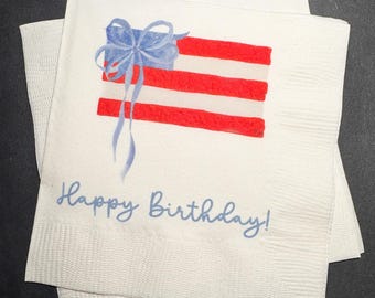 Patriotic Birthday 4th of July Birthday Red White Blue American Flag Birthday Blue Bow Memorial Cocktail, Lunch or Dinner Napkins, Set of 25