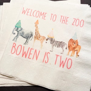 Party Animals Welcome to the Zoo is Two Birthday Party Personalized Cocktail, Luncheon or Dinner Napkins Set of 25