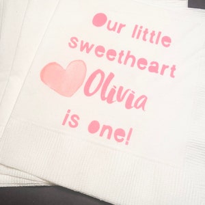 Our Little Sweetheart Birthday Valentines Birthday Party Personalized Cocktail, Luncheon or Dinner Napkins Set of 25 image 1