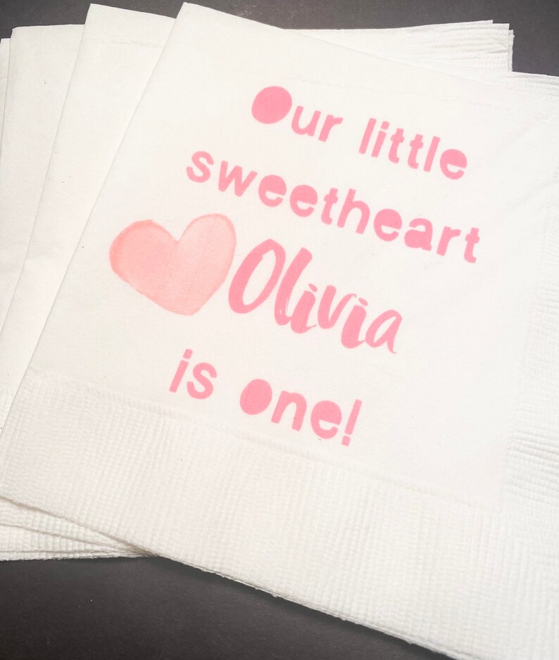 Our Little Sweetheart Birthday Valentines Birthday Party Personalized Cocktail, Luncheon or Dinner Napkins Set of 25 image 1