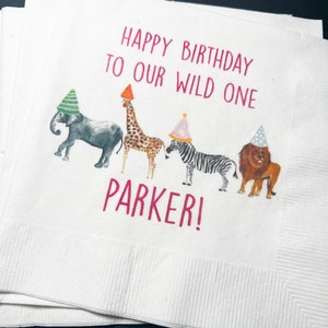 Party Animals Wild One Animal Parade Safari Jungle Birthday Party Personalized Cocktail, Luncheon or Dinner Napkins Set of 25