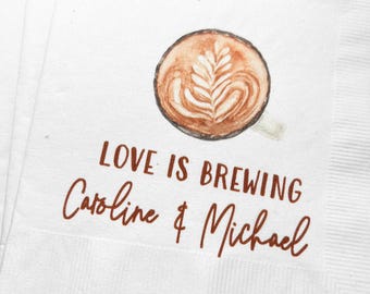 Coffee Bar Wedding Coffee Bridal Shower Perfect Blend Love is Brewing Personalized Cocktail, Luncheon or Dinner Napkins Set of 25