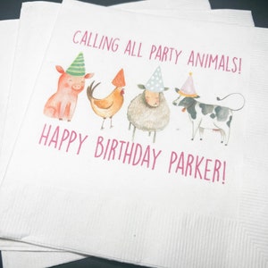 Party Animals Animal Parade Safari Jungle Birthday Party Personalized Cocktail, Luncheon or Dinner Napkins Set of 25