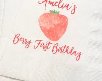 Strawberry Birthday Berry First Birthday Summer Birthday Party Girl Personalized Cocktail, Luncheon or Dinner Napkins Set of 25