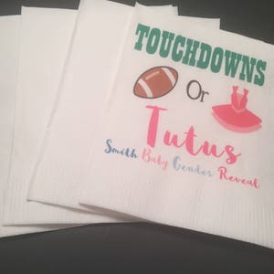 Personalized Touchdowns or Tutus Gender Reveal Green Pink Baby Shower Cocktail, Luncheon or Dinner Napkins Set of 25