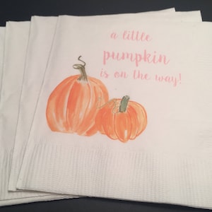 A Little Pumpkin Is On It's Way Fall Baby Shower Pumpkin Autumn Baby Cocktail, Luncheon or Dinner Napkins Set of 25 image 1