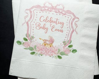 Baby Carriage Watercolor Crest Pink Bow Baby Shower Personalized Cocktail, Luncheon or Dinner Napkins Set of 25