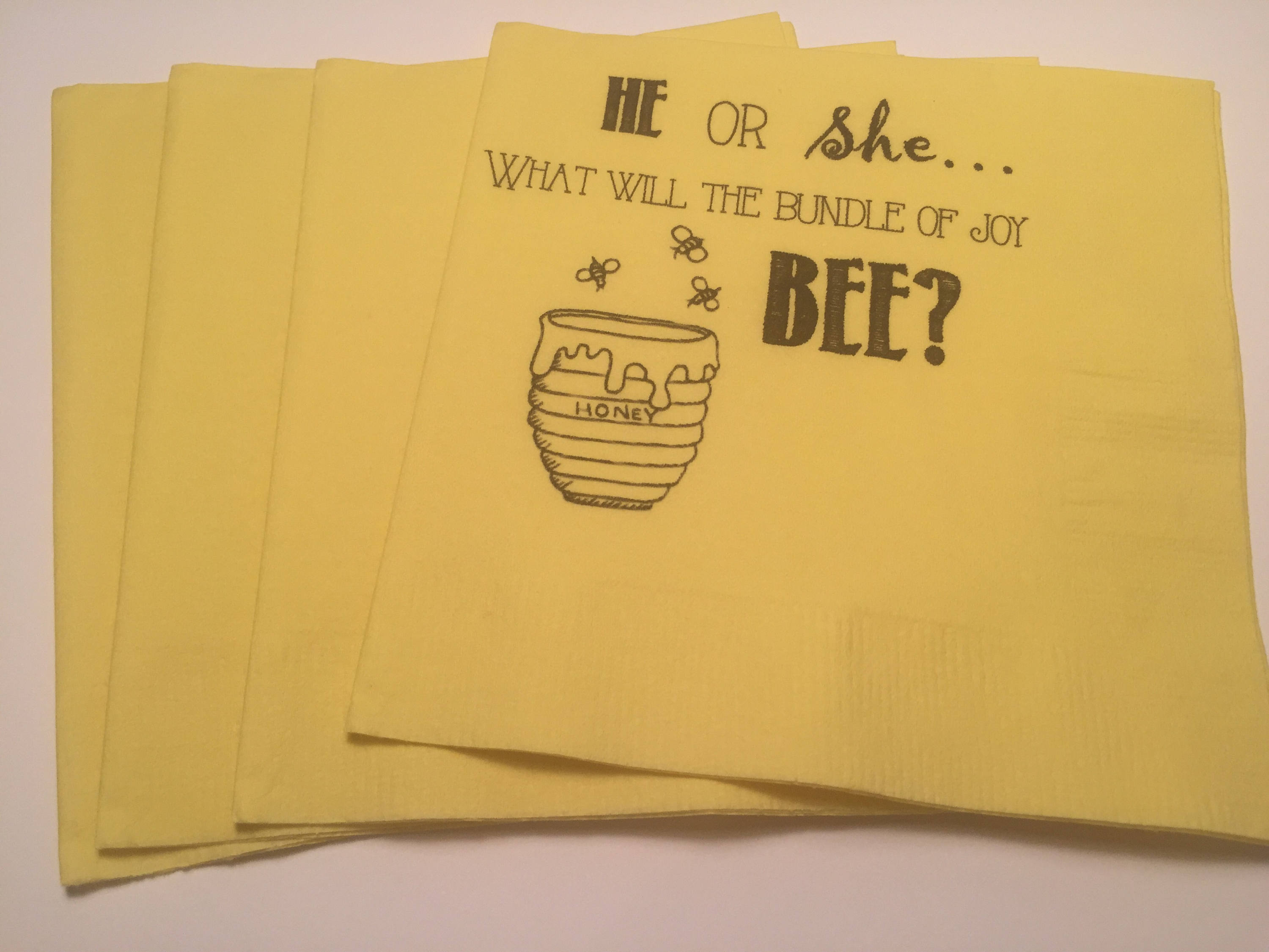 He or She What Will It Bee Gender Reveal Bee Honey Themed Baby Shower Cocktail Luncheon or Dinner Napkins Set of 25
