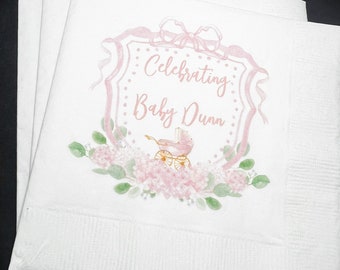 Baby Carriage Watercolor Crest Pink Bow Baby Shower Personalized Cocktail, Luncheon or Dinner Napkins Set of 25