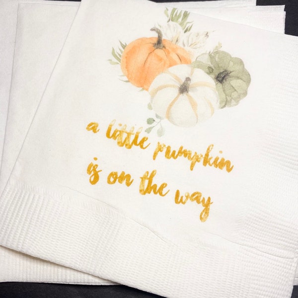 A Little Pumpkin Is On It's Way Girl Fall Baby Shower Pink Pumpkin Gold Cocktail, Luncheon or Dinner Napkins Set of 25