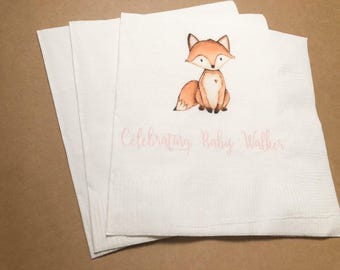 Woodland Fox Girl Personalized Fox Animal Pink Fall Baby Shower Cocktail, Luncheon or Dinner Napkins Set of 25