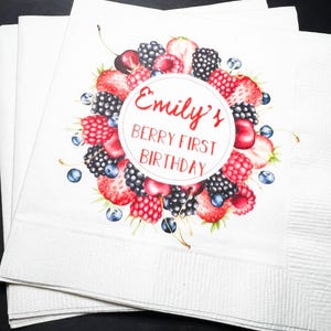 Berry First Birthday Summer Birthday Party Strawberry Blueberry Raspberry Personalized Cocktail, Luncheon or Dinner Napkins Set of 25