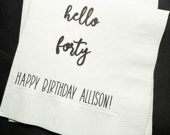 Black Bow Birthday Hello Forty 40th Birthday Black Bow Birthday Black 40th Party Personalized Cocktail, Luncheon or Dinner Napkins Set of 25
