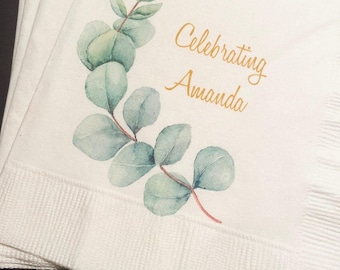 Eucalyptus Bridal Shower Spring Summer Bride to Be Shower Rustic Greenery Natural Gender Neutral Personalized Cocktail Napkins, Set of 25