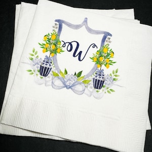 Lemon Amalfi Coast Mediterranean Yellow Blue Bow Baby Shower Bridal Shower Wedding Personalized Cocktail, Lunch or Dinner Napkins Set of 25