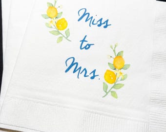 Lemon Miss to Mrs Bridal Shower Spring Blue Yellow Summer Shower Cocktail, Luncheon or Dinner Napkins Set of 25