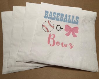 Baseballs or Bows Gender Reveal Baby Shower Blue Pink  Custom Cocktail, Luncheon or Dinner Napkins Set of 25