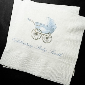 Baby Carriage Boy Baby Shower Watercolor Crest Monogram Blue Bow Baby Shower Personalized Cocktail, Luncheon or Dinner Napkins Set of 25